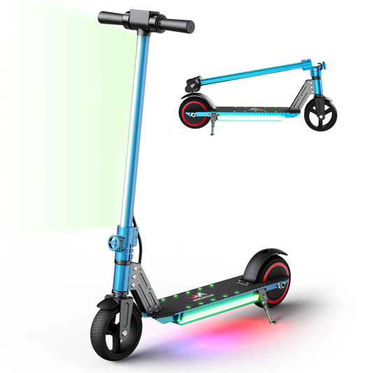 WEELMOTION Classic Blue 6.5 Inch Electric Scooter for kids, 150W Motor with front Led lights and colorful rainbow pedal lights ; easy-fold scooter for kids with LED display