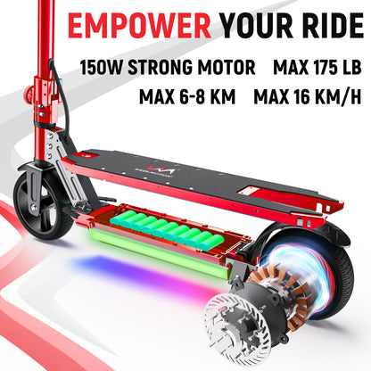 WEELMOTION Classic RED Kids Electric Scooter, 6.5" Solid Tire with front Led lights and multicolor rainbow lights; foldable kick scooter for kids with LED display, Max range 8 kms Range