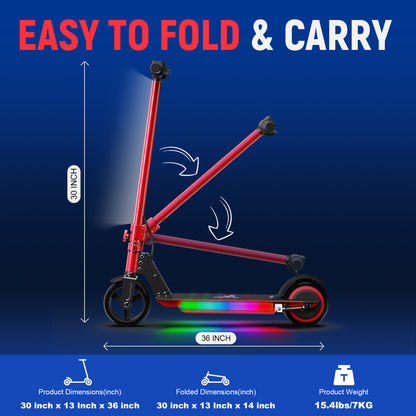 WEELMOTION Classic RED Kids Electric Scooter, 6.5" Solid Tire with front Led lights and multicolor rainbow lights; foldable kick scooter for kids with LED display, Max range 8 kms Range