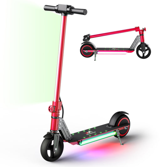 WEELMOTION Classic RED Kids Electric Scooter, 6.5" Solid Tire with front Led lights and multicolor rainbow lights; foldable kick scooter for kids with LED display, Max range 8 kms Range