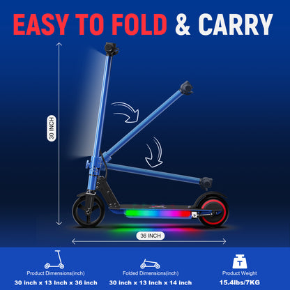 WEELMOTION Classic Blue 6.5 Inch Electric Scooter for kids, 150W Motor with front Led lights and colorful rainbow pedal lights ; easy-fold scooter for kids with LED display