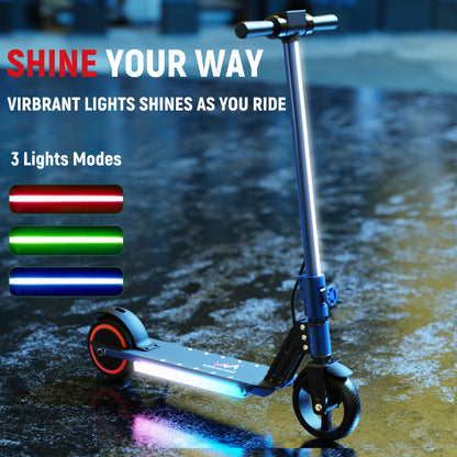 WEELMOTION Classic Blue 6.5 Inch Electric Scooter for kids, 150W Motor with front Led lights and colorful rainbow pedal lights ; easy-fold scooter for kids with LED display