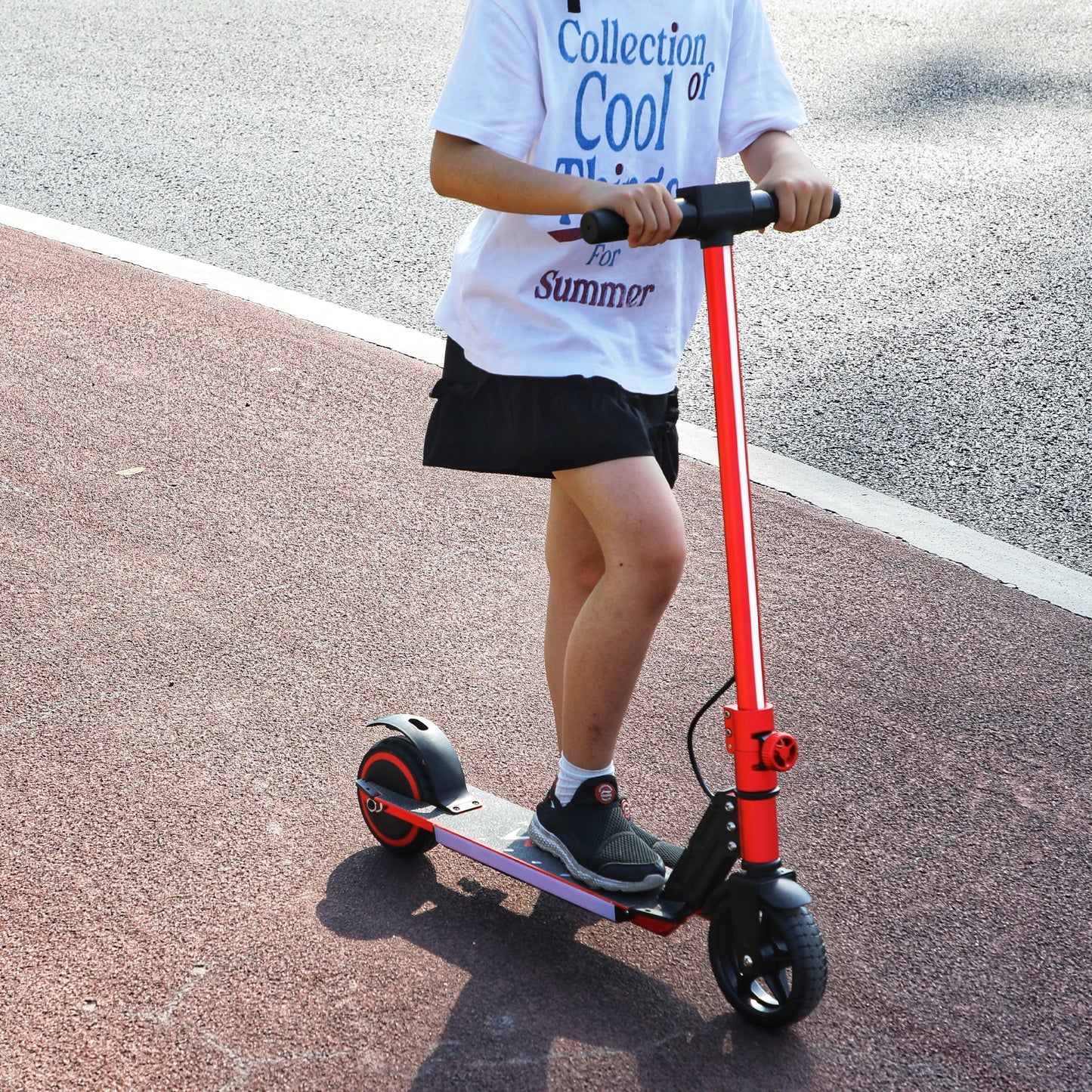 WEELMOTION Classic RED Kids Electric Scooter, 6.5" Solid Tire with front Led lights and multicolor rainbow lights; foldable kick scooter for kids with LED display, Max range 8 kms Range